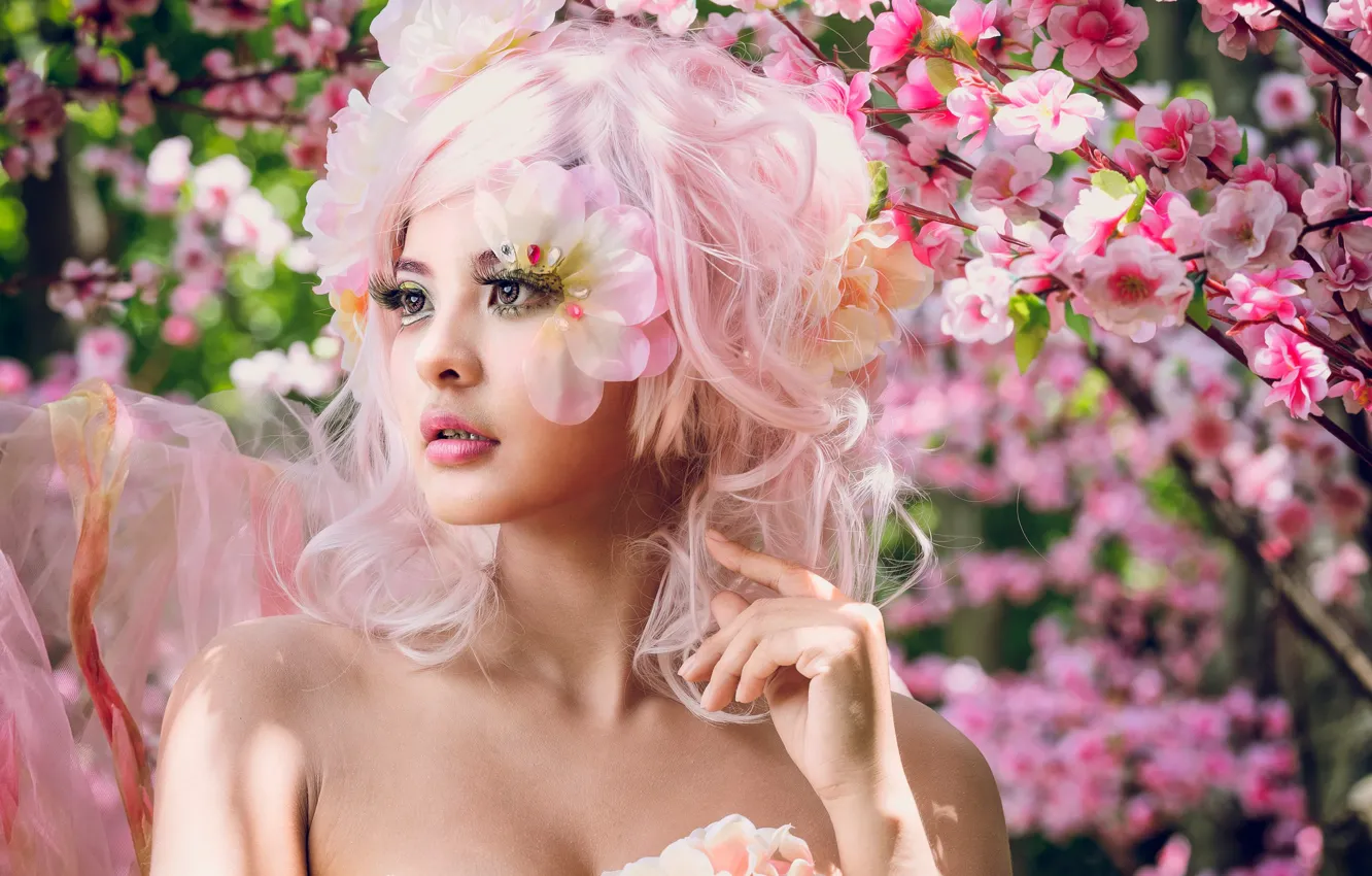 Photo wallpaper girl, branches, style, makeup, Sakura, Asian, flowering, pink hair