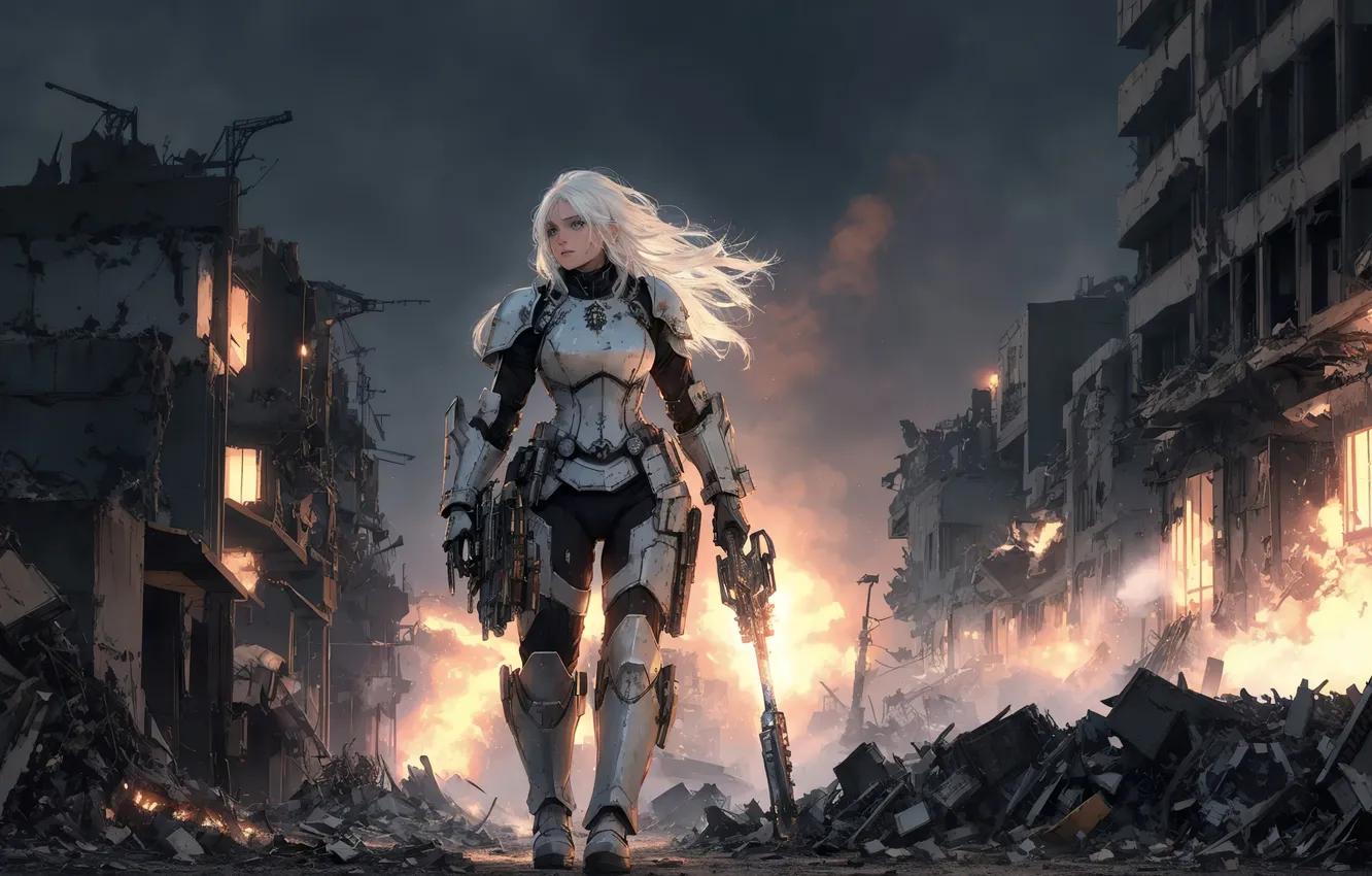 Photo wallpaper girl, lights, fiction, war, street, destruction, armor, panache