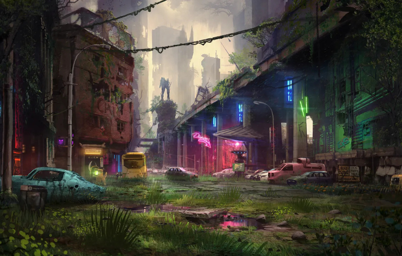 Photo wallpaper machine, grass, city, the city, fiction, thickets, Apocalypse, building