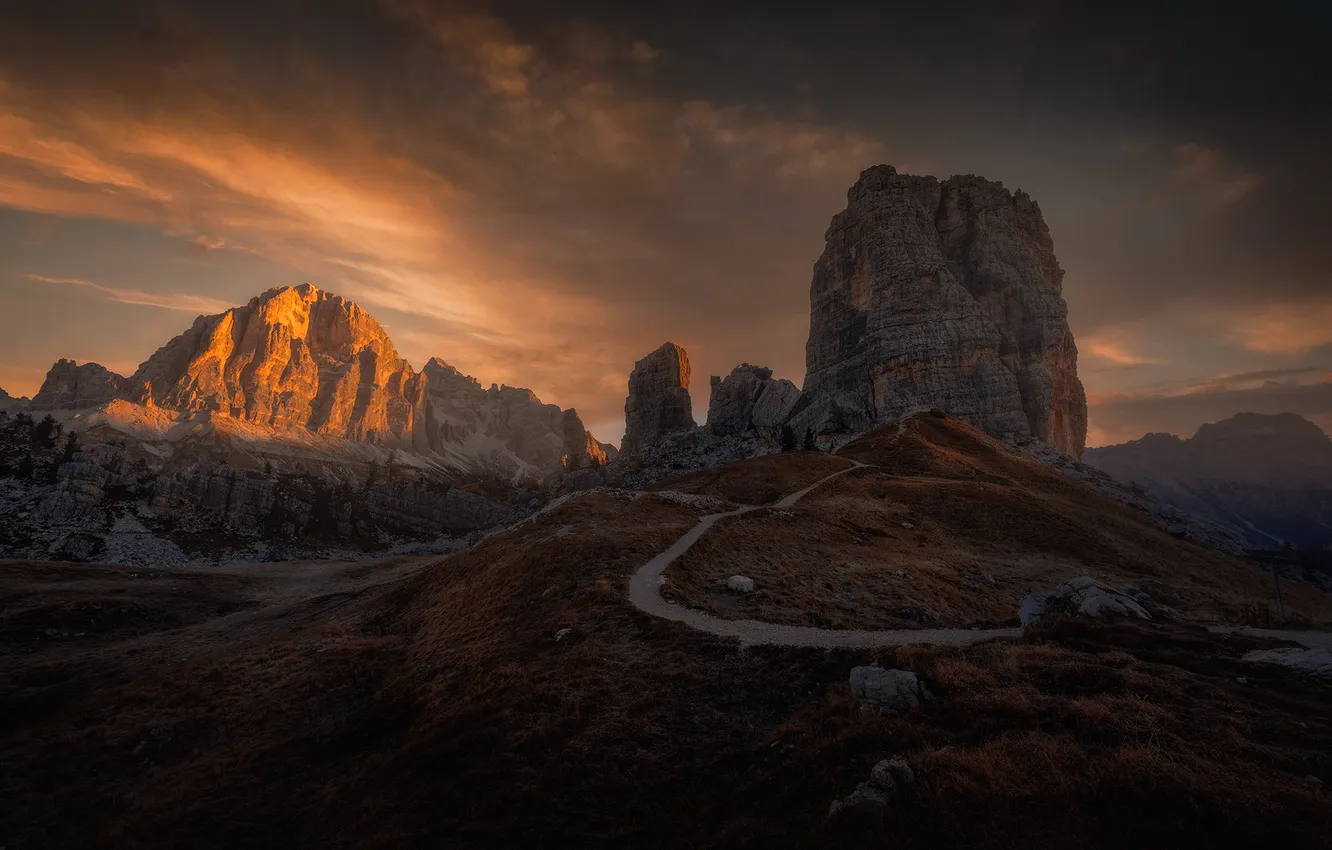 Photo wallpaper sunset, mountains, rocks, twilight, The Dolomites