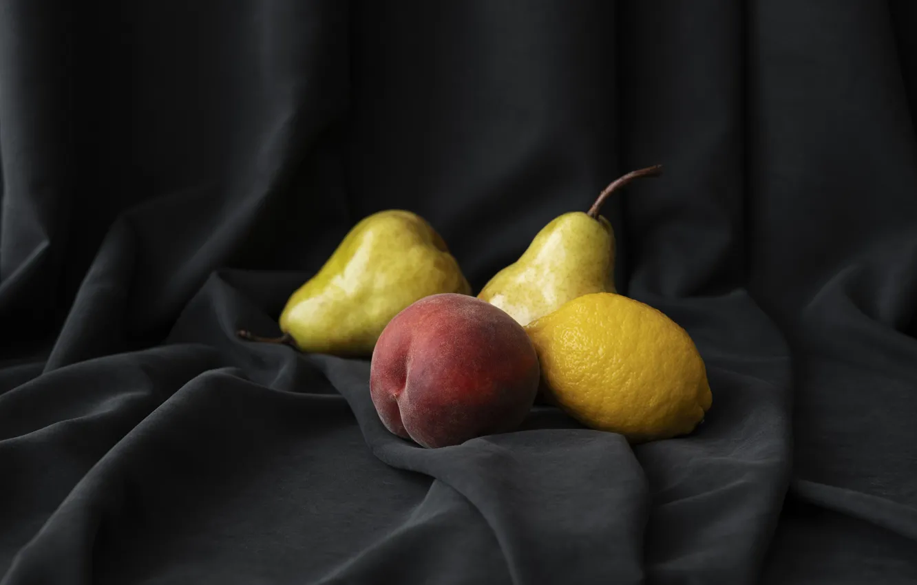 Photo wallpaper the dark background, lemon, fabric, fruit, still life, grey background, peaches, pear