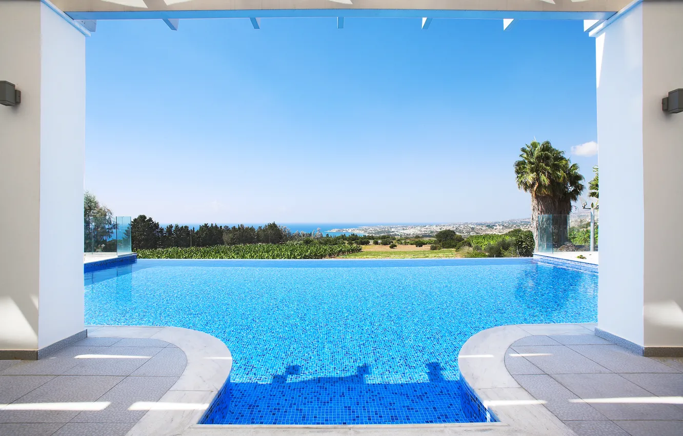 Photo wallpaper Villa, pool, Greece, Cyprus, sea and coast view