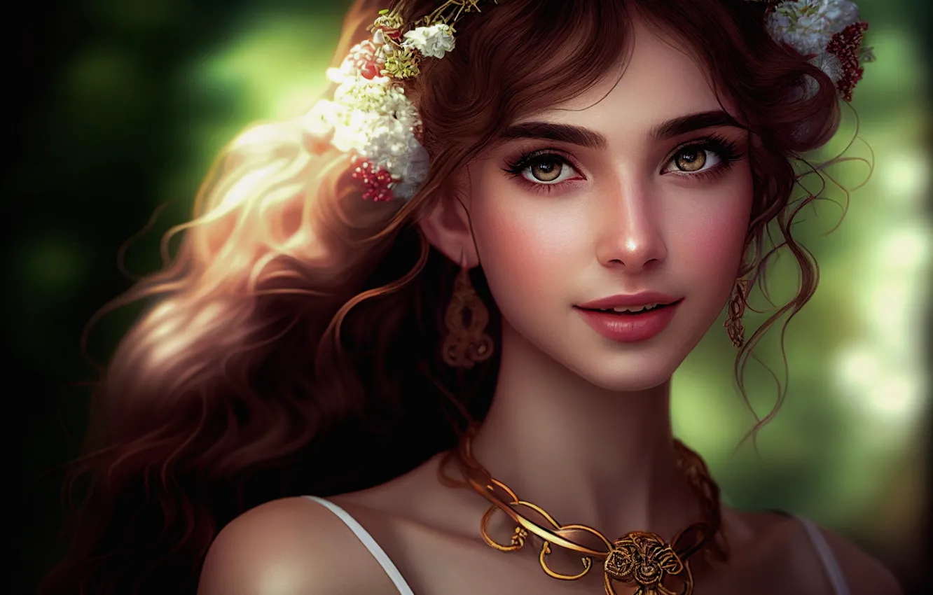 Photo wallpaper summer, look, girl, light, decoration, flowers, face, smile