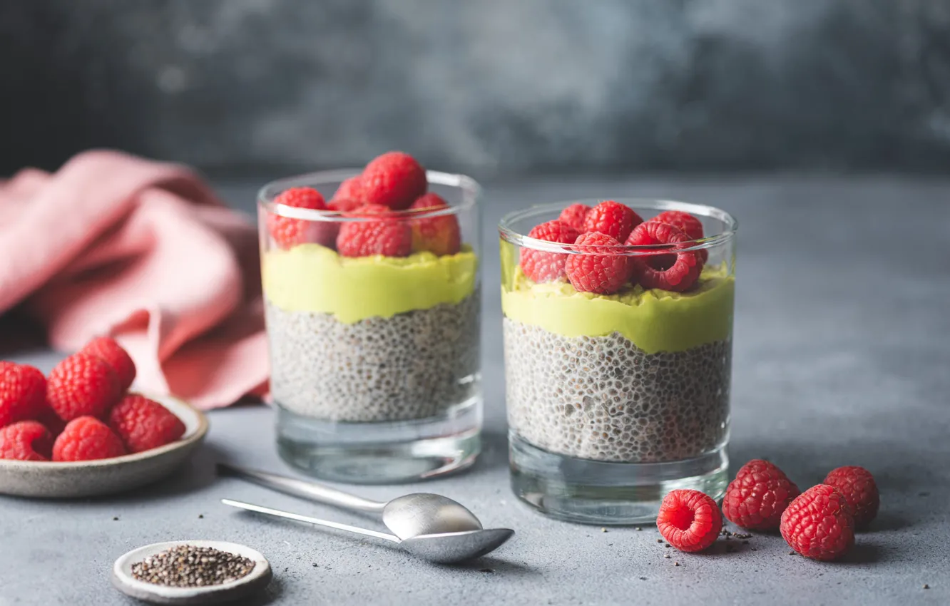 Photo wallpaper glass, glass, berries, raspberry, table, towel, spoon, cream