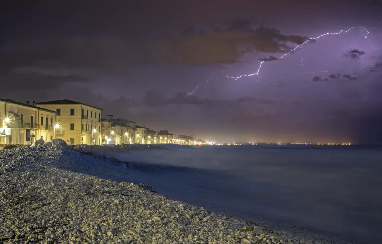 Photo wallpaper clouds, lights, lightning, Italy, Tuscany, Marina di Pisa