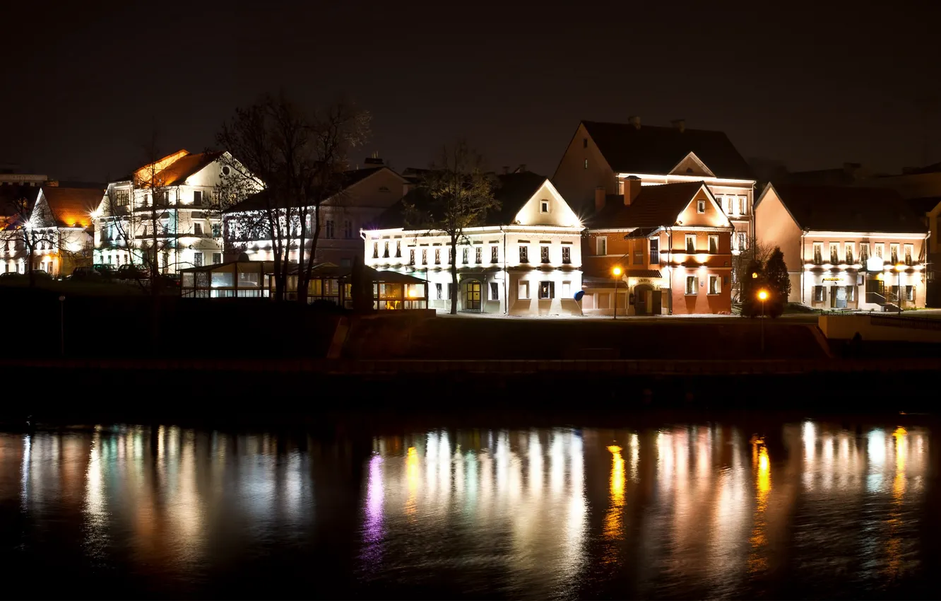 Photo wallpaper night, lights, river, Belarus, Minsk, Trinity Suburb