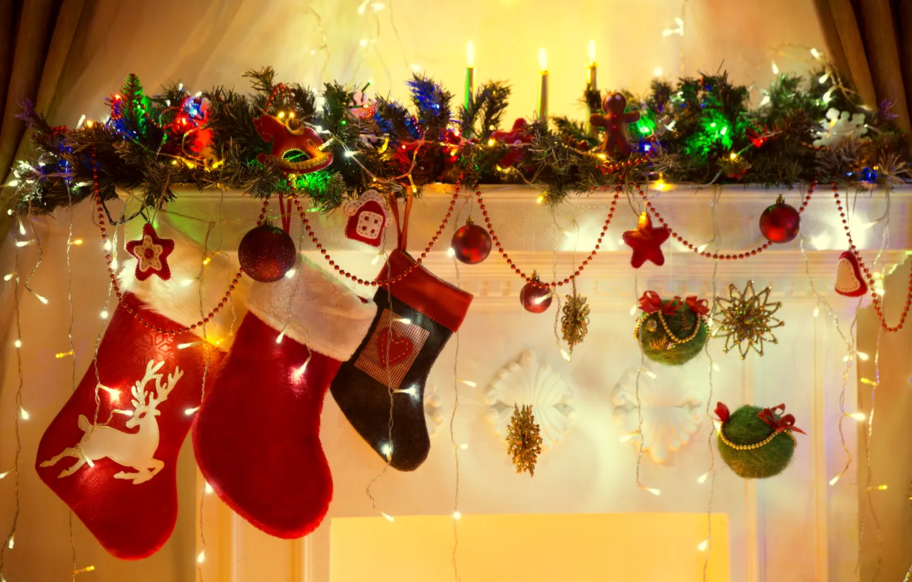 Photo wallpaper balls, candles, Christmas, New year, beads, garland, Christmas, Winter
