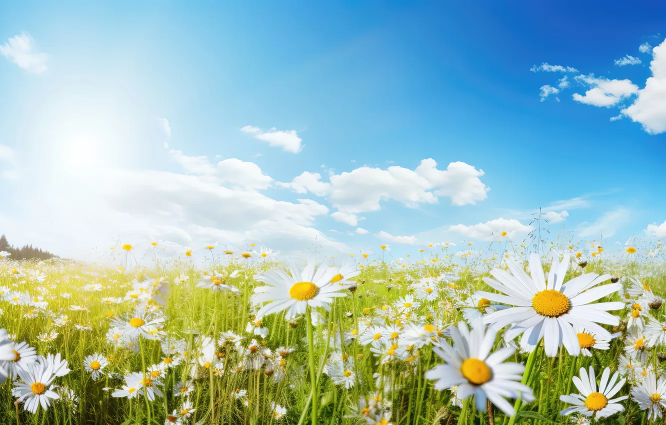 Wallpaper field, the sun, flowers, chamomile, spring, meadow, sunshine ...