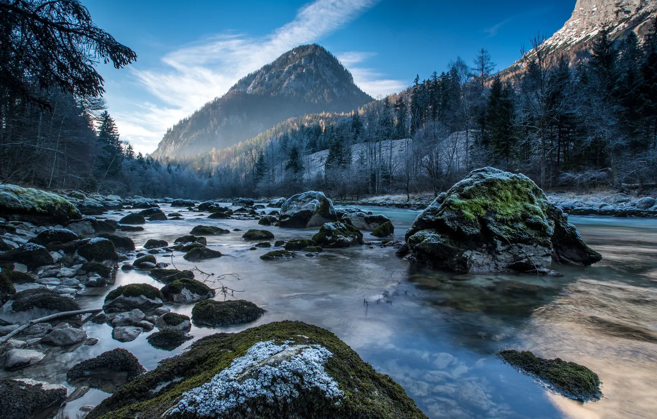 Photo wallpaper snow, trees, mountains, river, stones