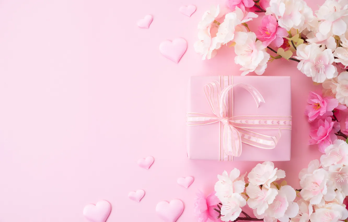 Photo wallpaper flowers, background, pink, gift, hearts, Siam Pukkato