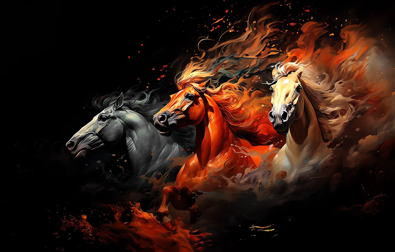 Photo wallpaper horses, three, black background
