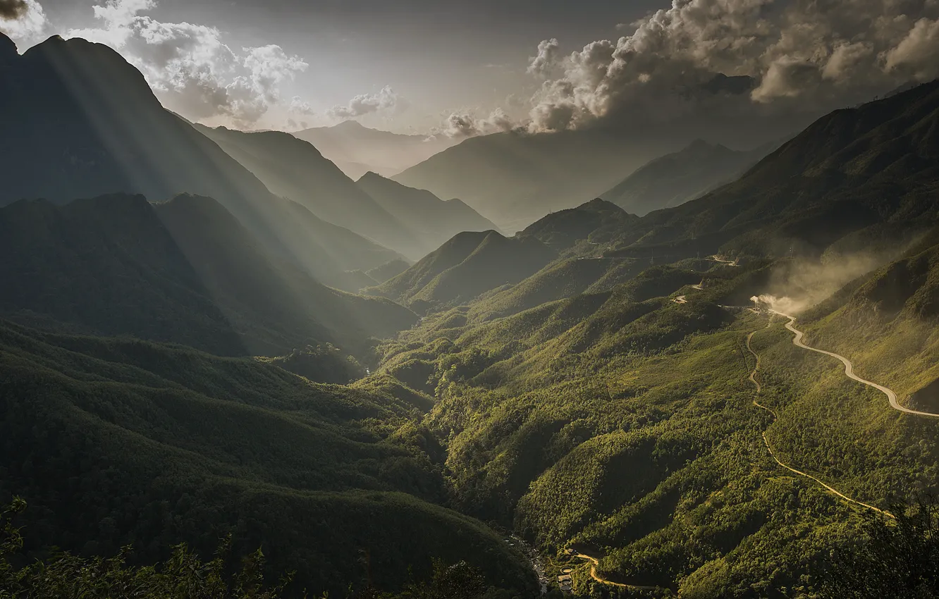 Photo wallpaper forest, the sky, light, mountains, hills, slope, Vietnam