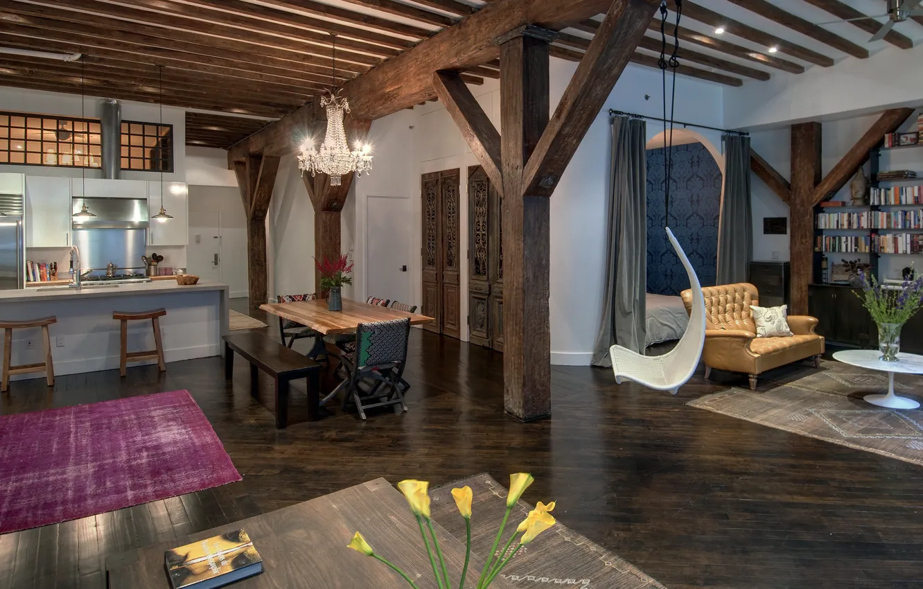 Photo wallpaper design, style, interior, New York, kitchen, library, Brooklyn, New York