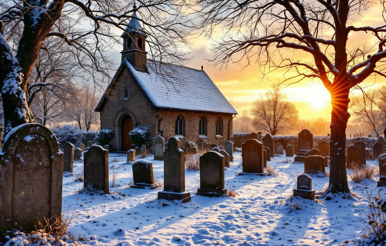 Photo wallpaper winter, snow, village, monument, Church, cemetery, chapel, winter