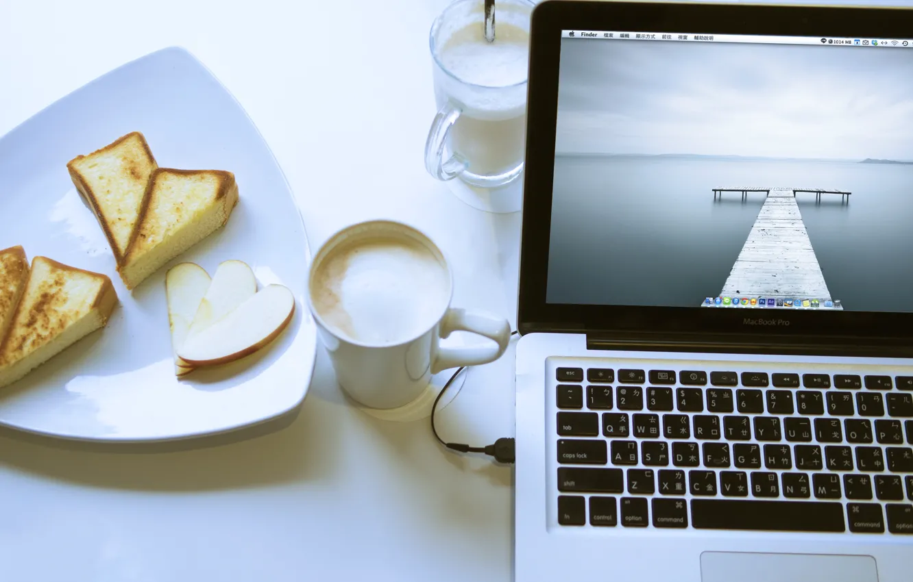 Photo wallpaper Apple, food, laptop, MacBook, cappuccino, cakes, Pro
