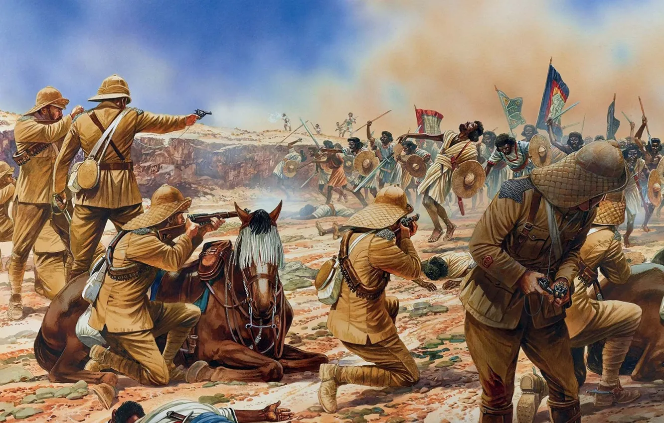 Photo wallpaper figure, sword, art, soldiers, spear, shield, revolver, rifle