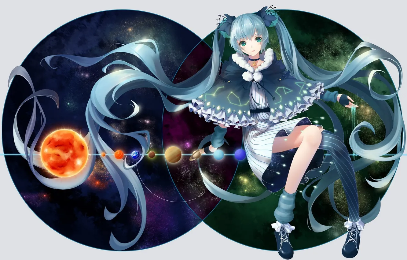 Photo wallpaper girl, the sun, earth, planet, Saturn, anime, art, Mars