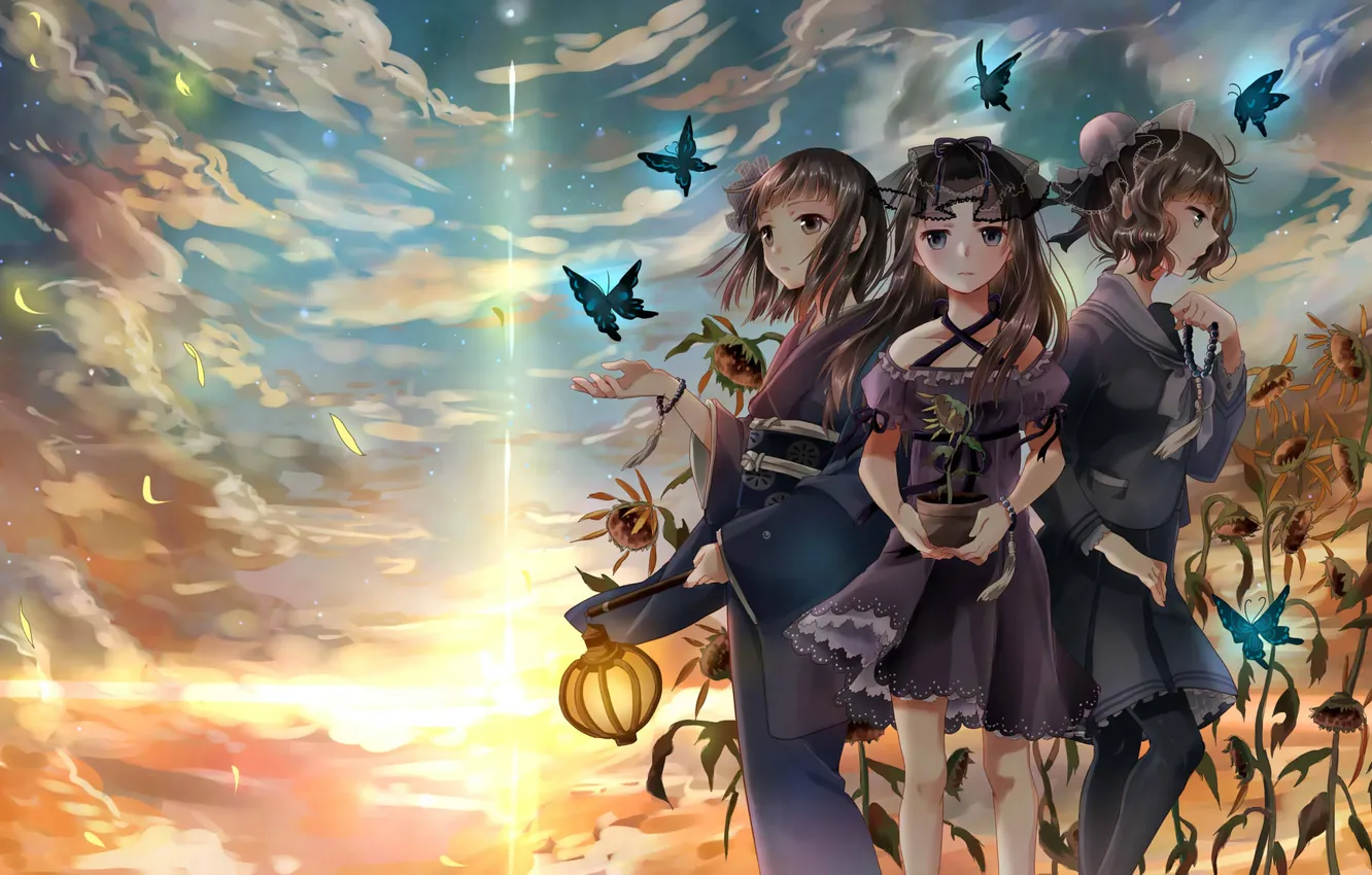 Photo wallpaper the sky, girl, clouds, flowers, butterfly, petals