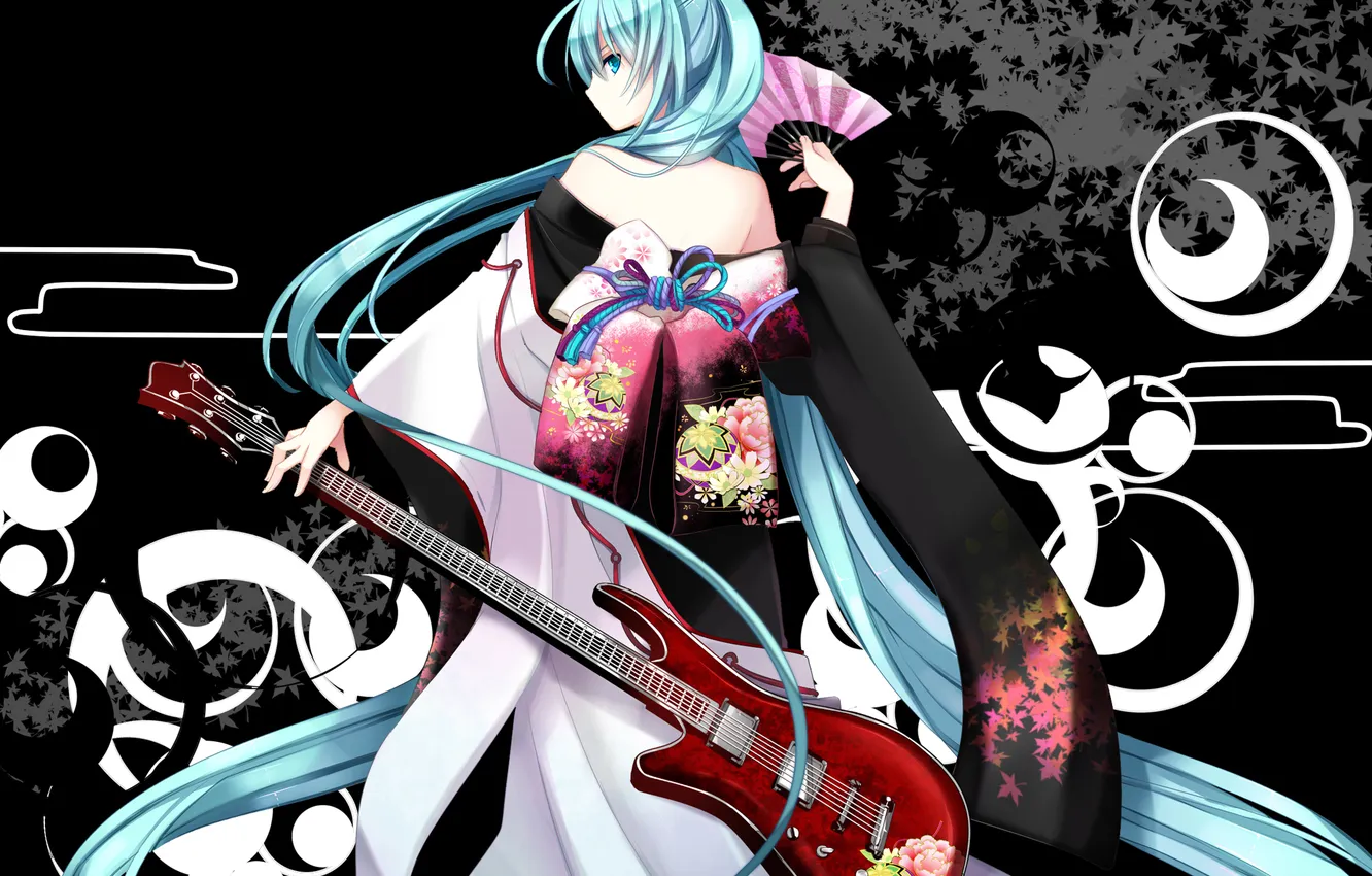 Photo wallpaper guitar, fan, hatsune miku, yukata, Hatsune Miku