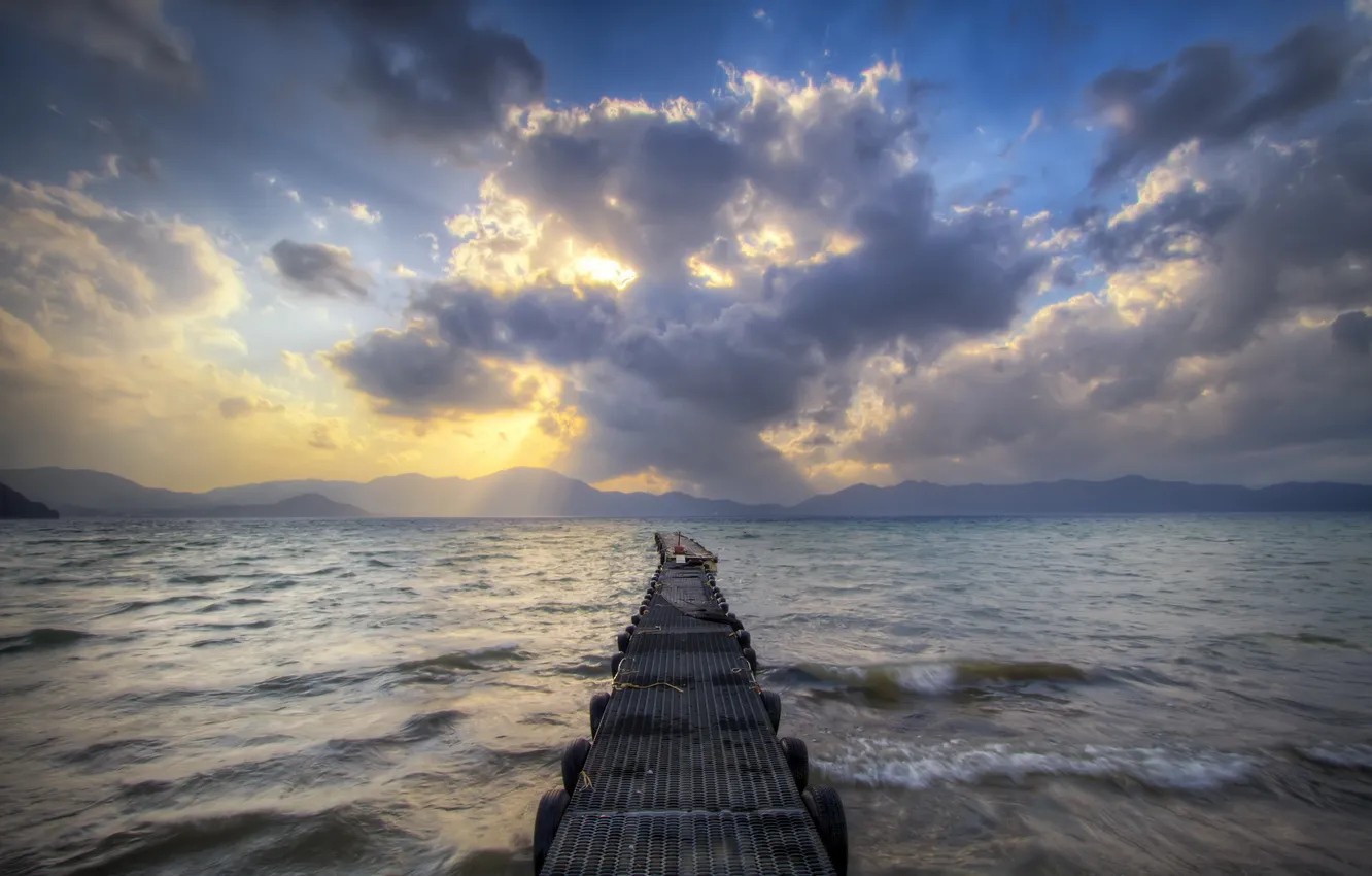 Photo wallpaper sea, night, bridge