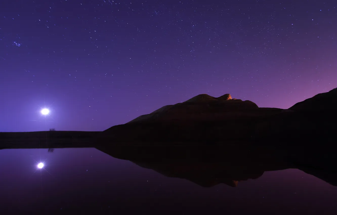 Photo wallpaper water, stars, night, reflection, hills, the moon