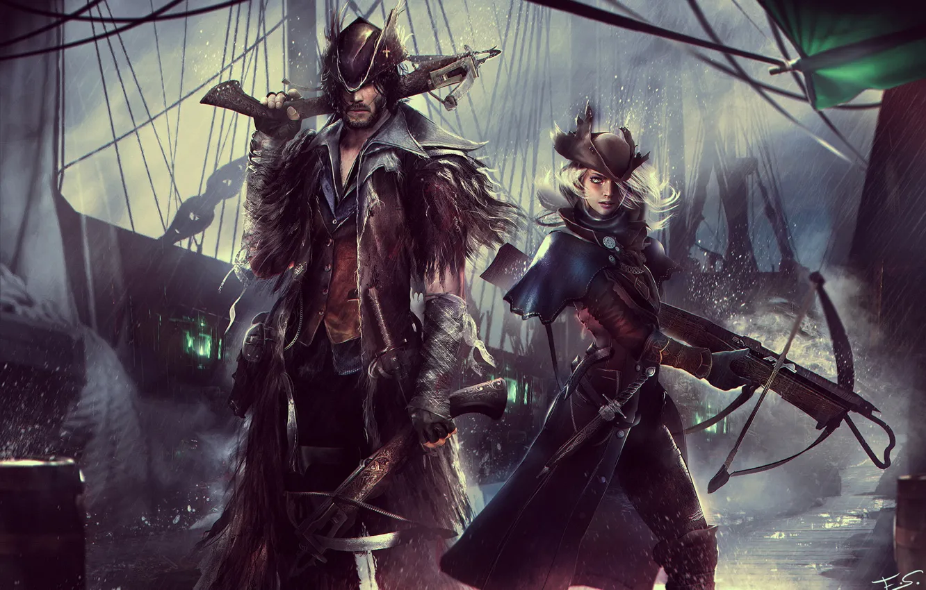 Photo wallpaper girl, hat, male, hunter, art, crossbow, bloodborne, FromSoftware