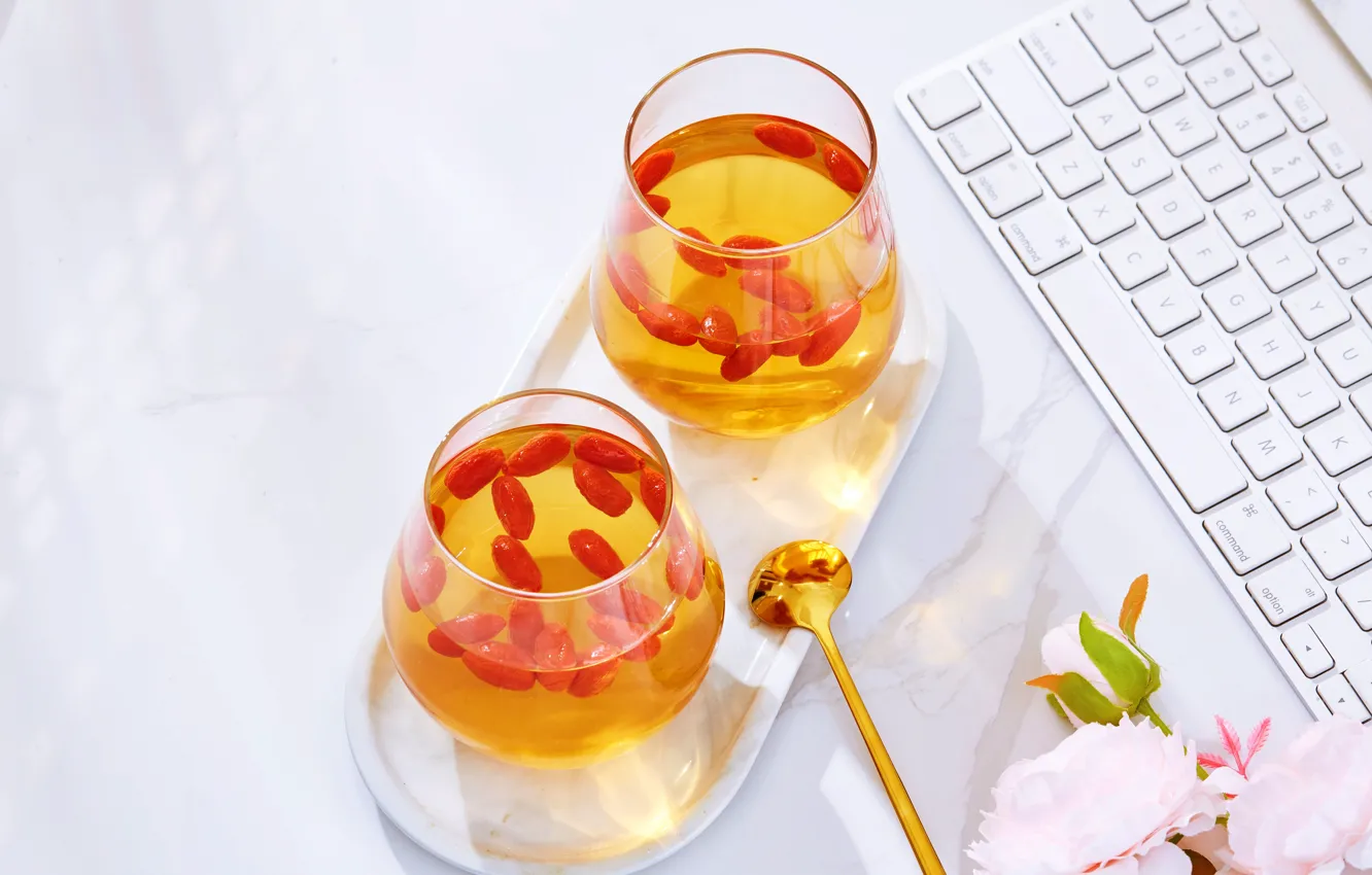 Photo wallpaper Wallpaper, tea, dishes, keyboard, picture, spoon, spoon, tea