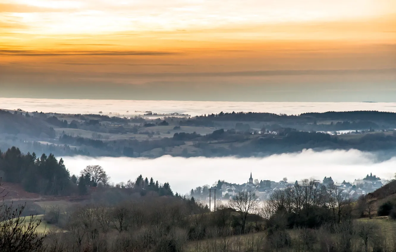 Photo wallpaper sunset, fog, dal, France, Auvergne, In-Rigaud