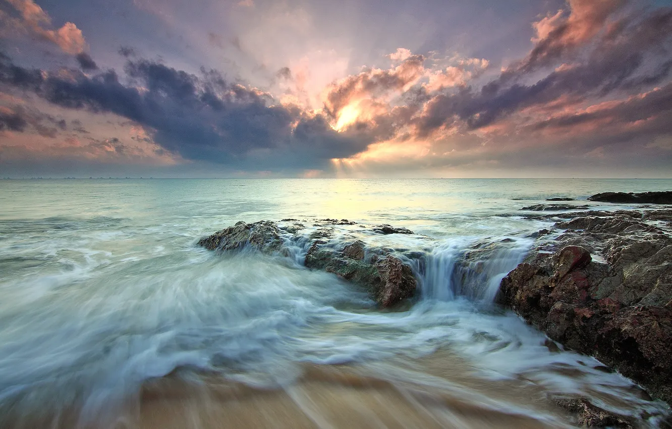 Photo wallpaper sea, beach, landscape, beach, sea, landscape, dawn, dusk