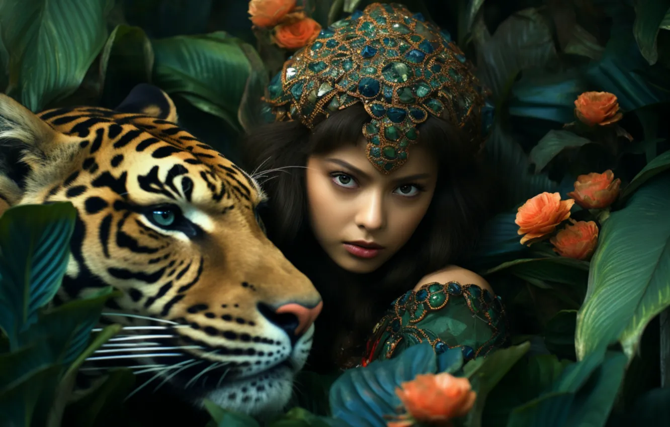 Photo wallpaper look, leaves, girl, decoration, flowers, tiger, pose, thickets