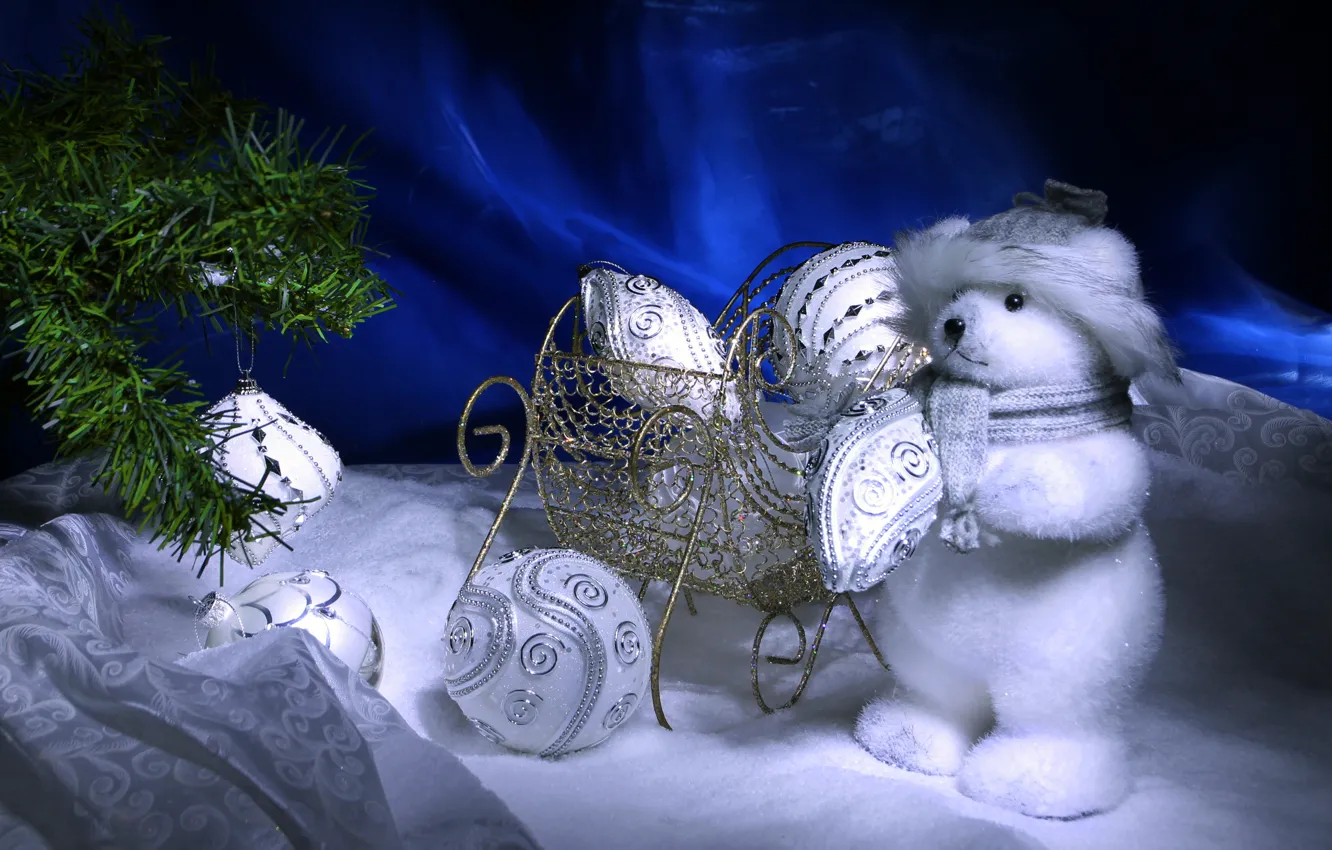 Photo wallpaper snow, balls, toys, new year, bear, tree, christmas, new year