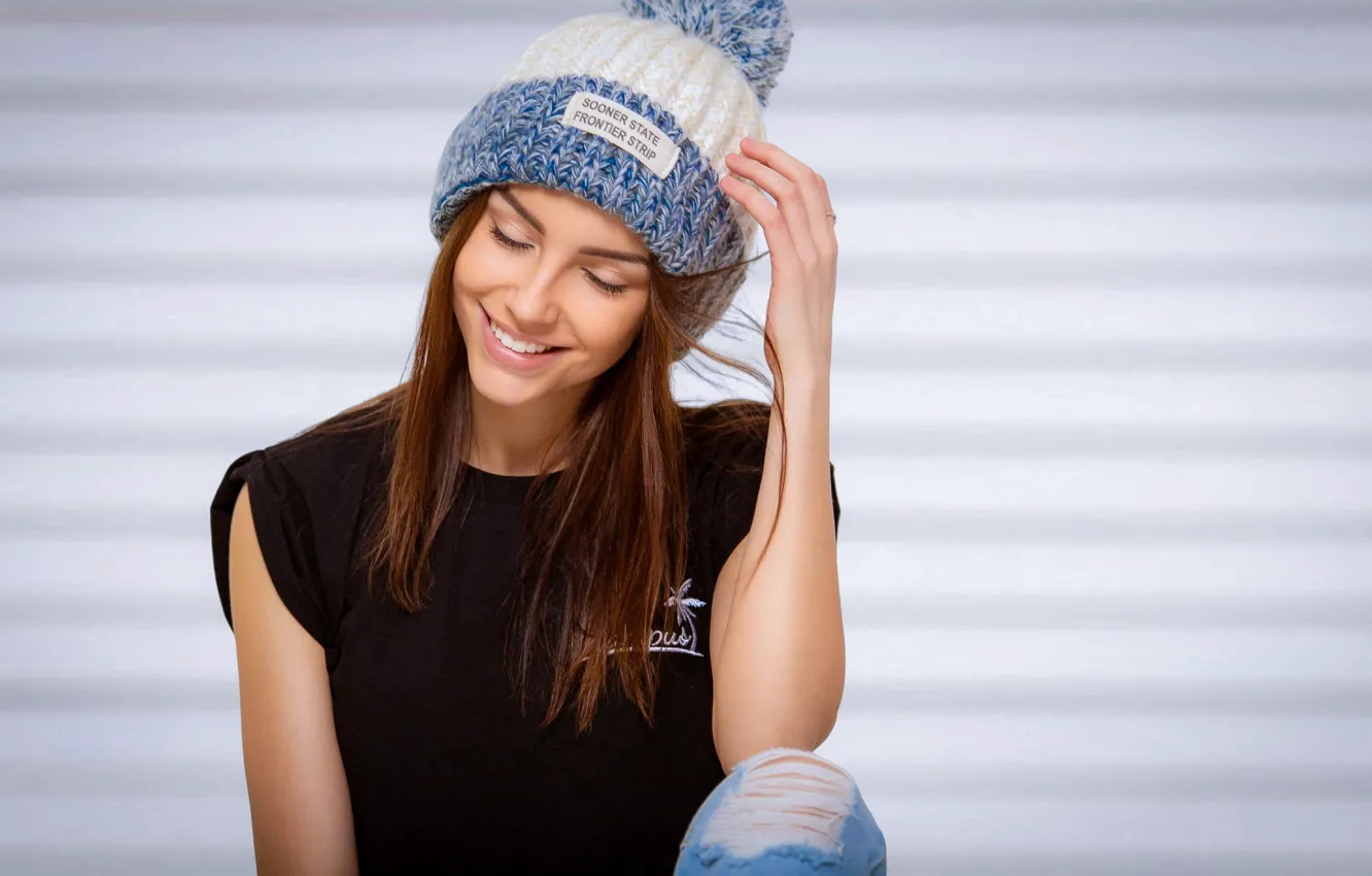 Photo wallpaper face, hat, girl, pose, brunette, model, portrait, smile