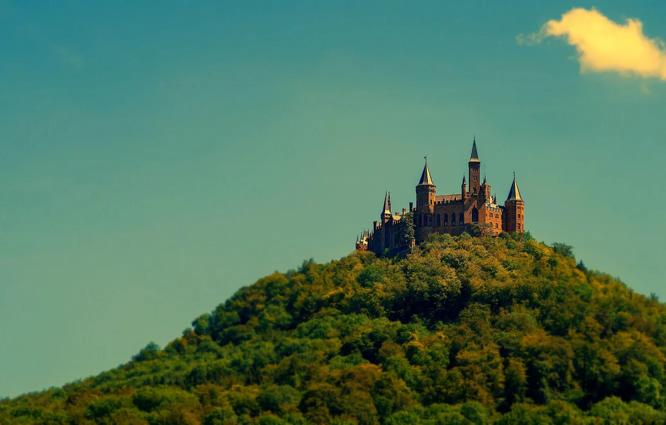 Photo wallpaper forest, the sky, trees, wall, tower, mountain, Germany, Hohenzollern castle