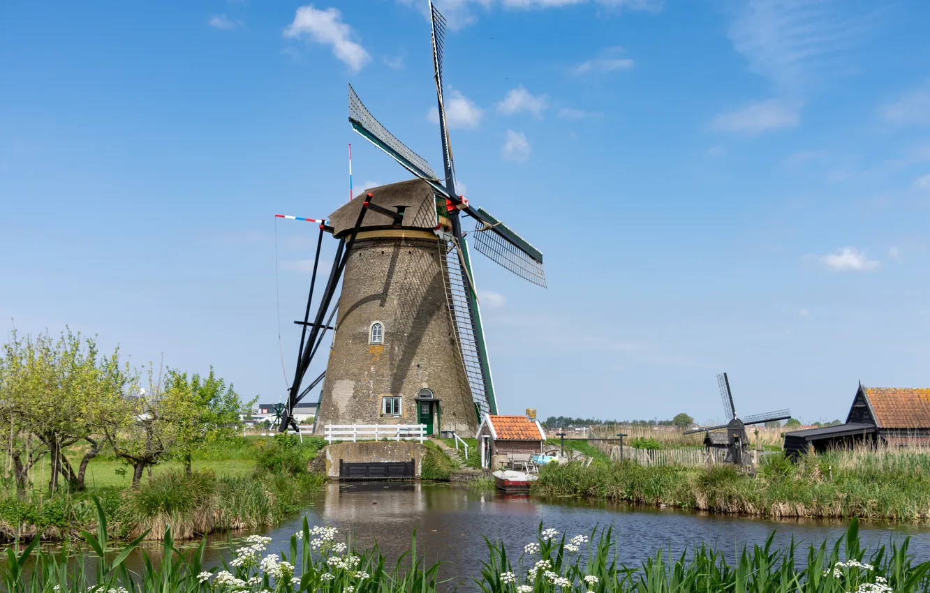 Photo wallpaper mill, channel, windmills, Netherlands, Holland