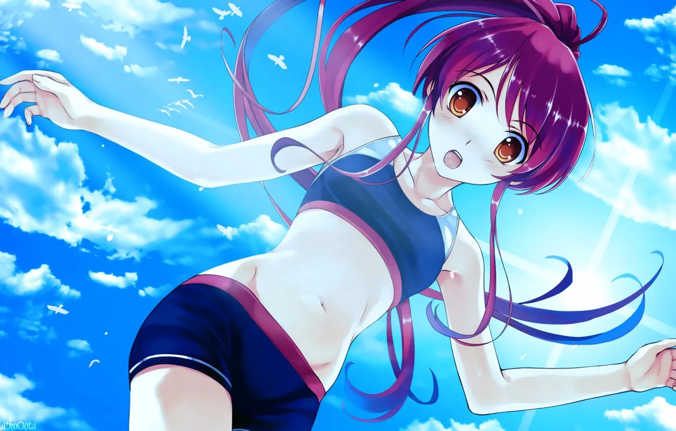 Photo wallpaper the sky, girl, the sun, clouds, bird, blush, navel, long hair