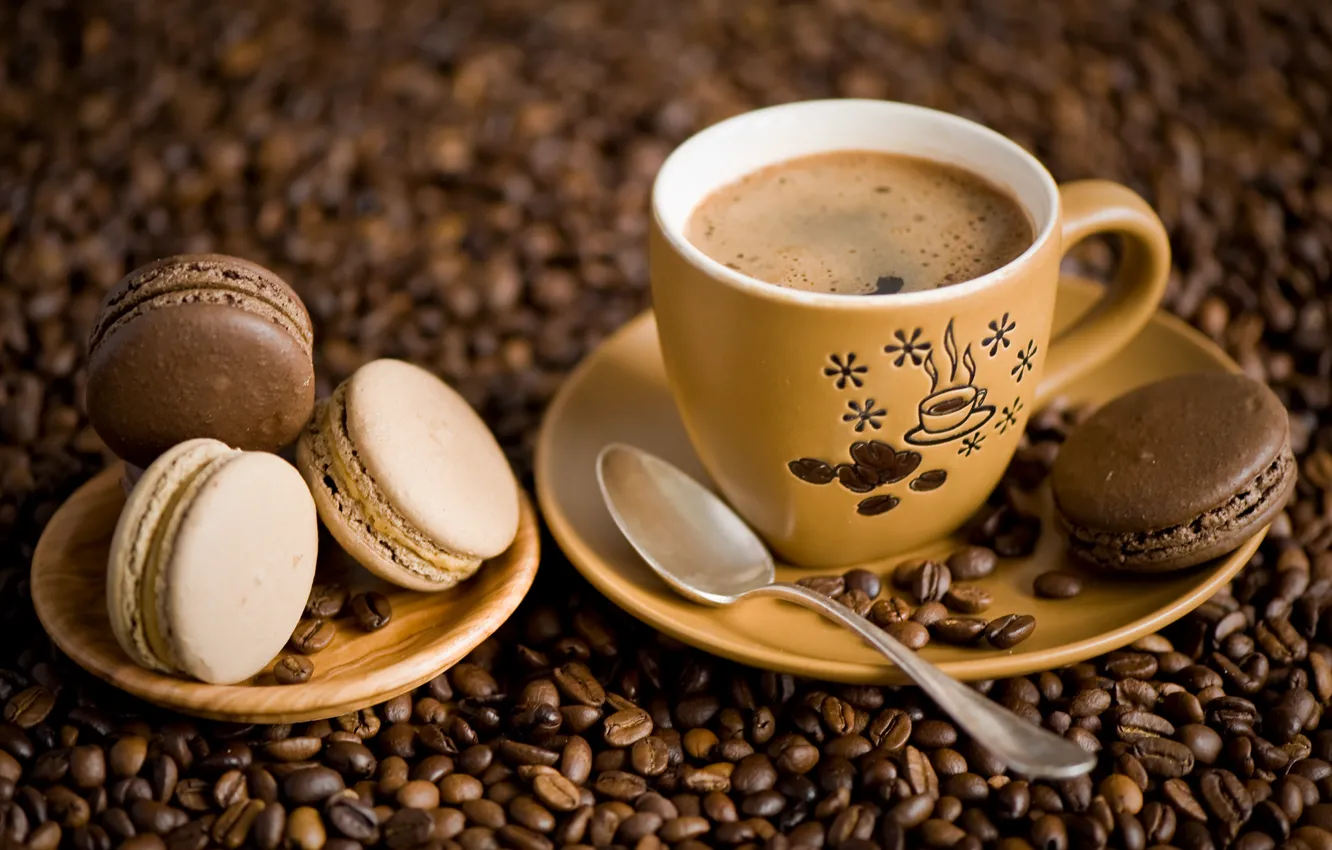Photo wallpaper coffee, grain, cookies, spoon, Cup, sweets, dessert, saucer