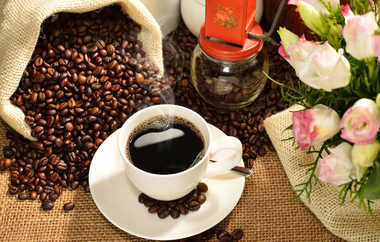 Photo wallpaper coffee, roses, grain, Cup, drink