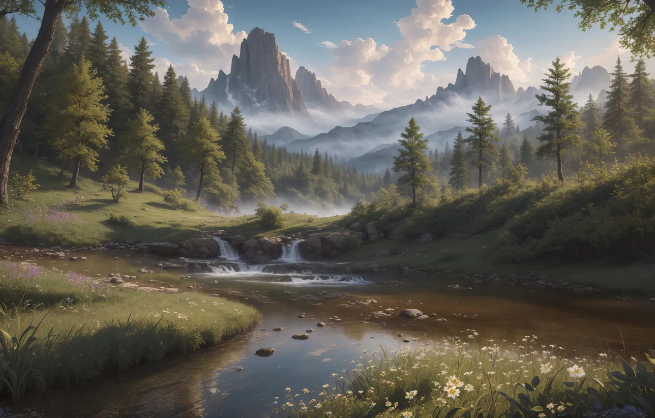 Photo wallpaper forest, the sky, grass, flowers, mountains, nature, stream, digital art
