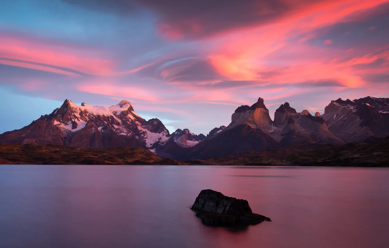 Photo wallpaper the sky, mountains, nature, stone, tops, the evening, pond, Chile