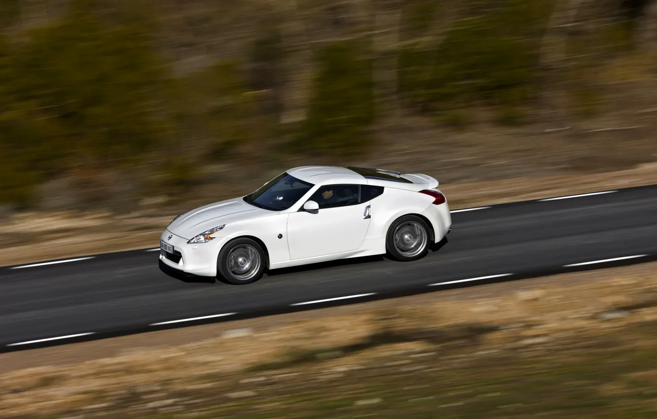 Photo wallpaper road, white, speed, Nissan, 2011, 370Z