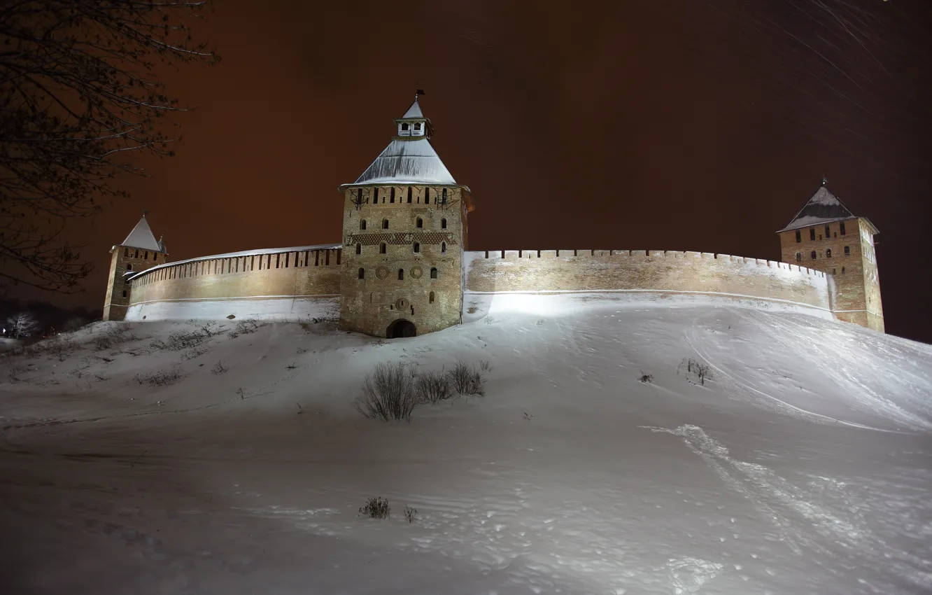 Photo wallpaper winter, snow, night, the city, Wallpaper, tower, the Kremlin, wallpaper