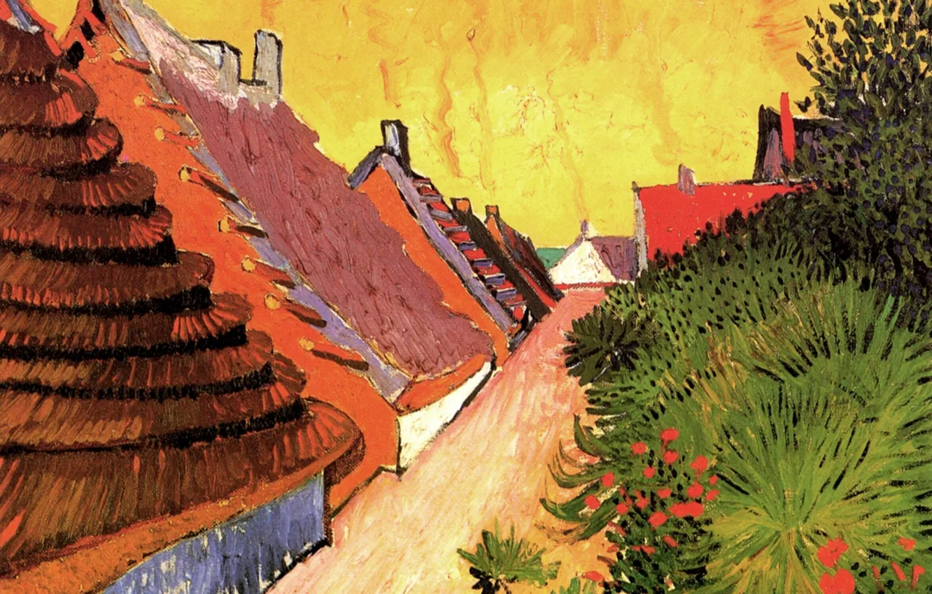 Photo wallpaper flowers, street, home, the bushes, Vincent van Gogh, Street in Saintes-Maries