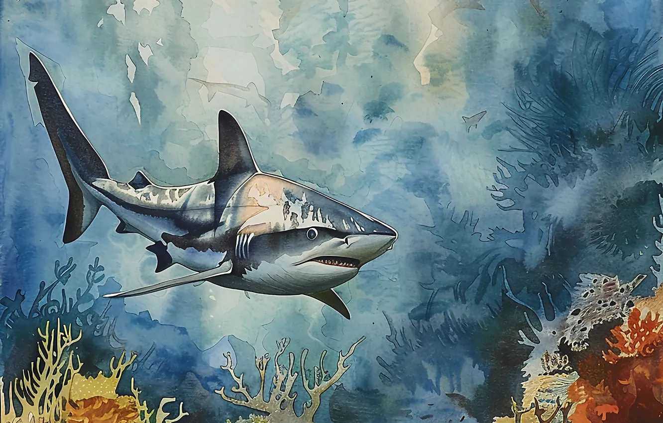 Photo wallpaper predator, shark, corals, underwater world, digital art, imitation painting, AI art, The Art of Artificial …