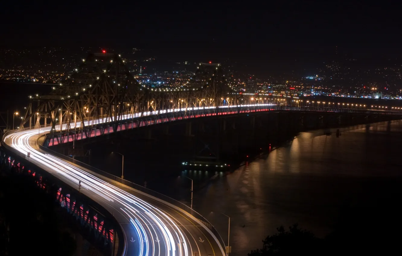 Photo wallpaper road, night, bridge, lights, highway