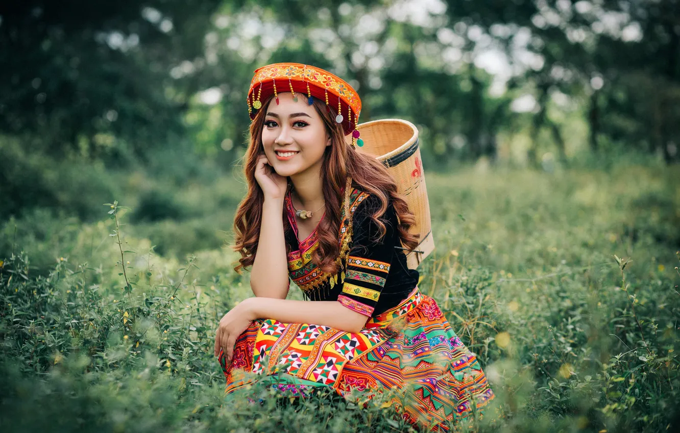 Photo wallpaper girl, nature, smile, Asian, bokeh