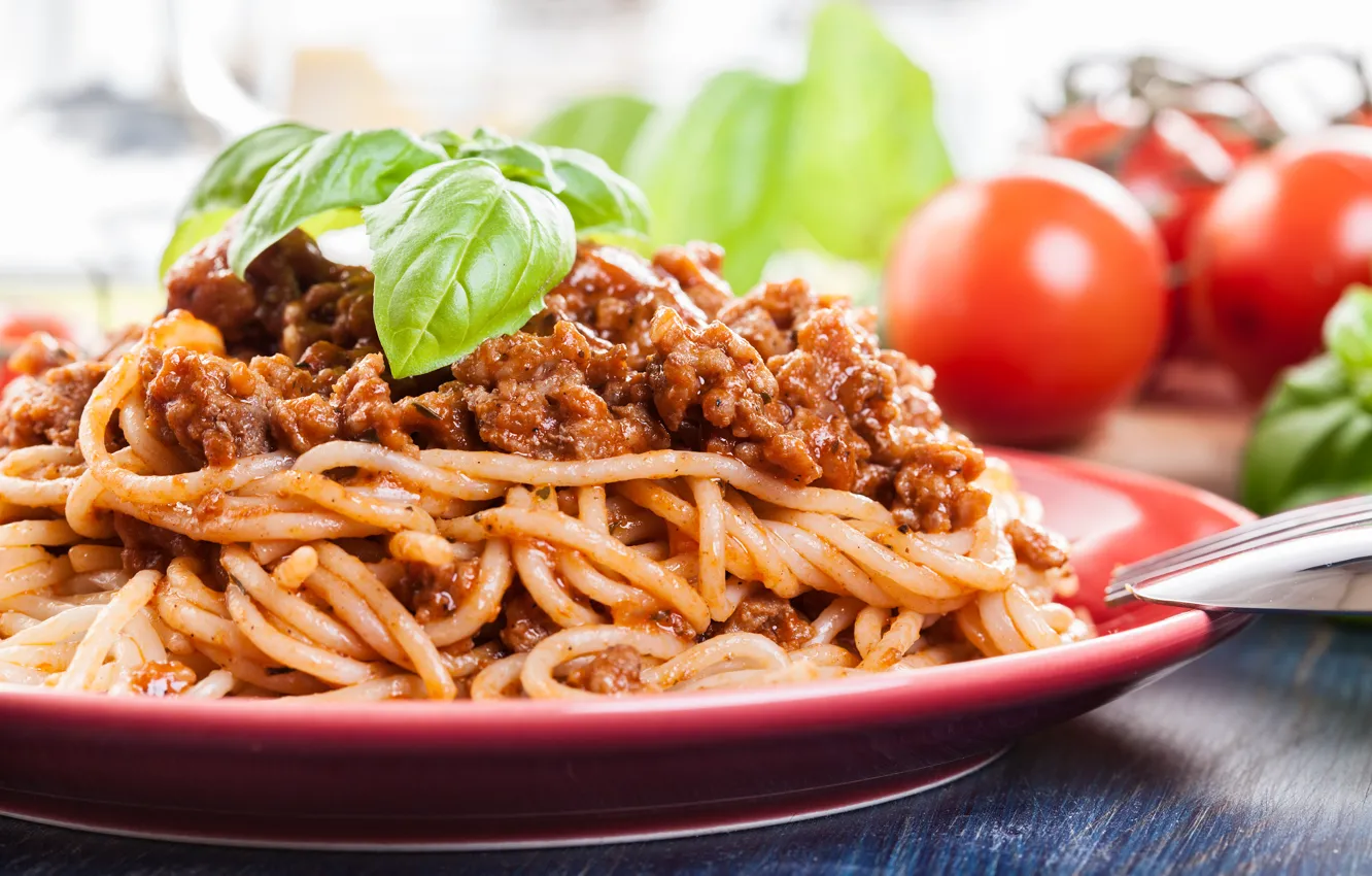 Photo wallpaper greens, food, meat, tomatoes, pasta