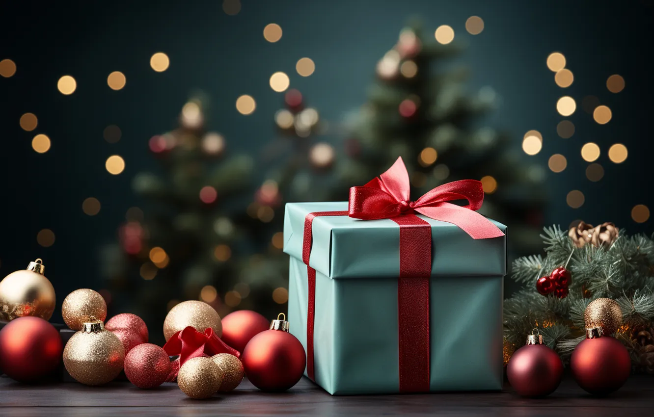 Photo wallpaper gift, tree, new year, Christmas, Christmas, tree, decoration, Gift Boxes
