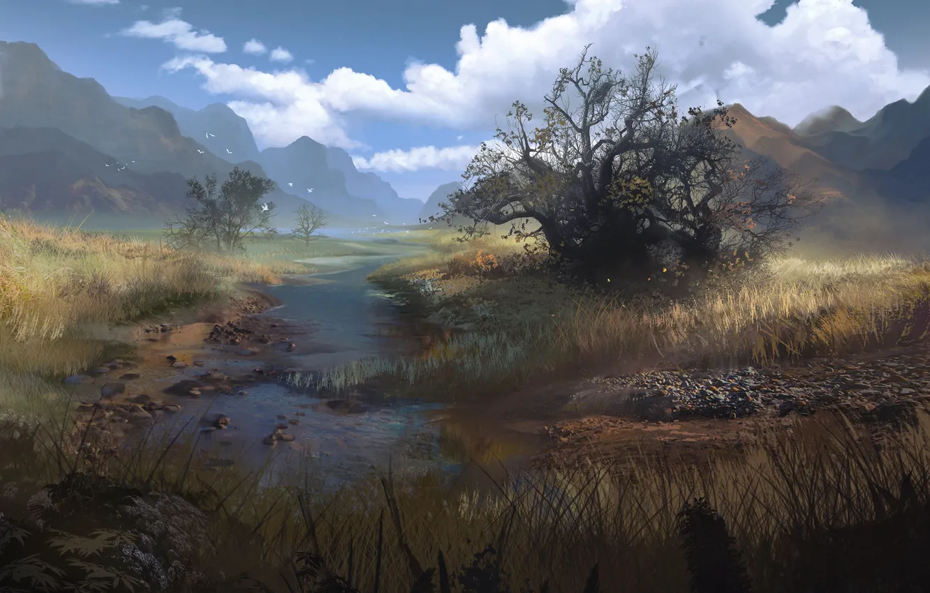 Photo wallpaper mountains, river, vegetation, Environments, dorham plains