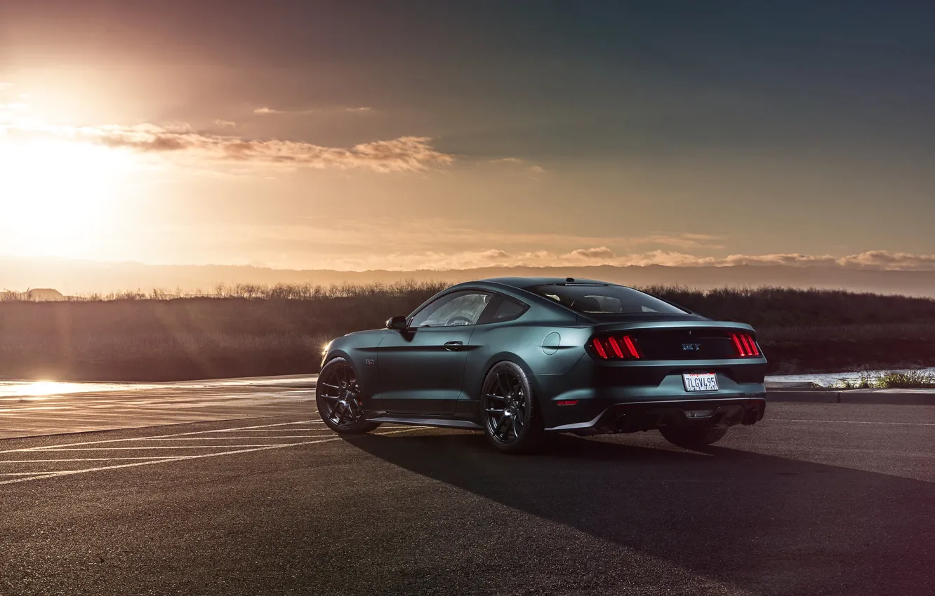 Photo wallpaper Mustang, Ford, Muscle, Car, Sunset, Wheels, Rear, 2015