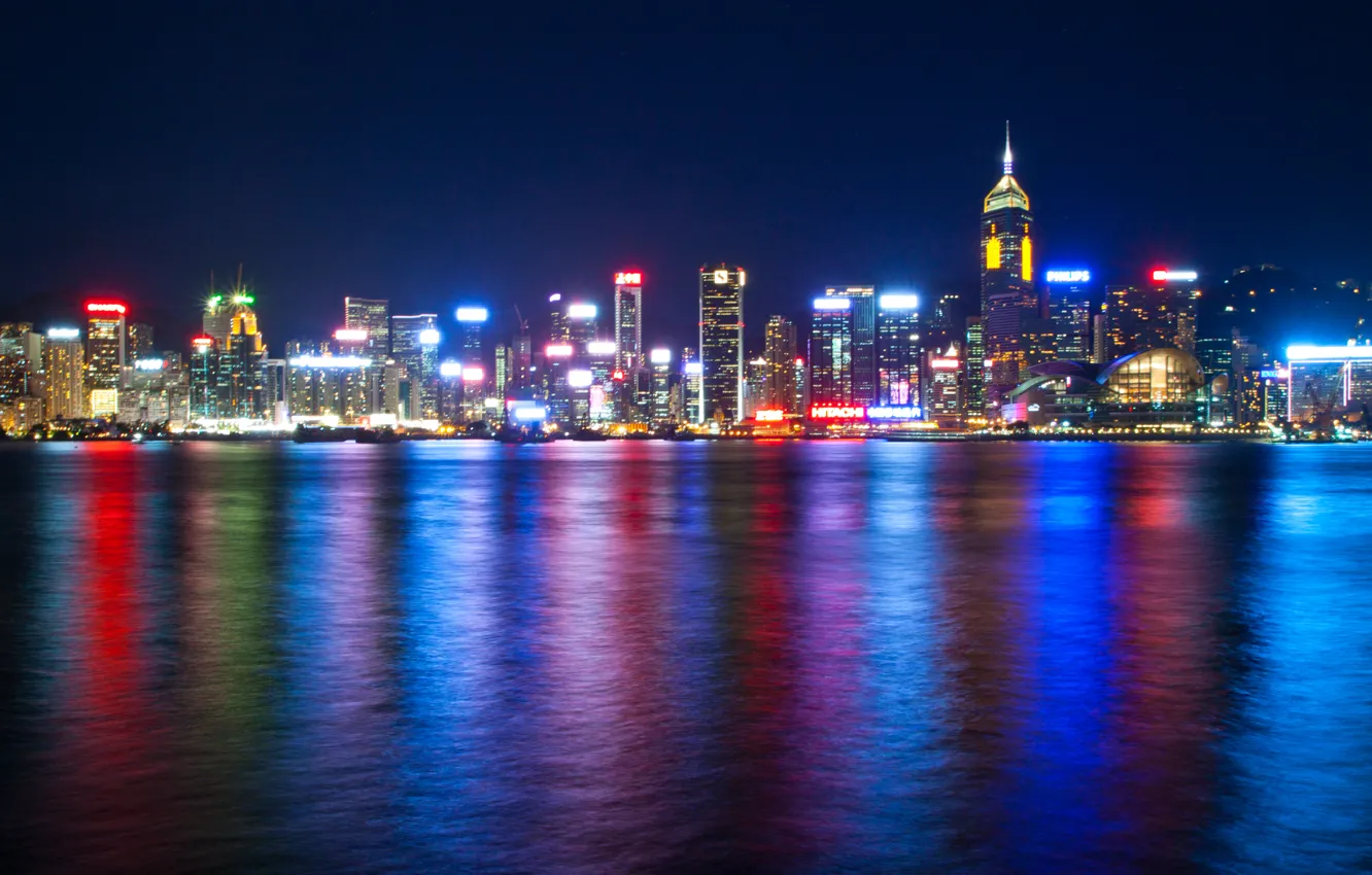 Photo wallpaper sea, night, lights, Hong Kong, skyscrapers, backlight, China, megapolis